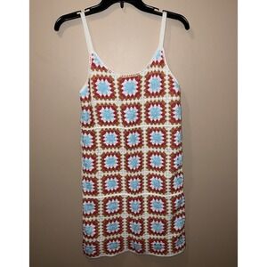 Willow Wind XS Womans Crochet Tank Summer Dress Pink White Granny Square Boho